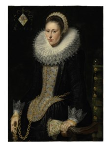 Portrait of Bessela Pelgrom, seated three-quarter-length, in a black dress with lace cuffs and ruff, embroidered bodice and gloves, holding a chain