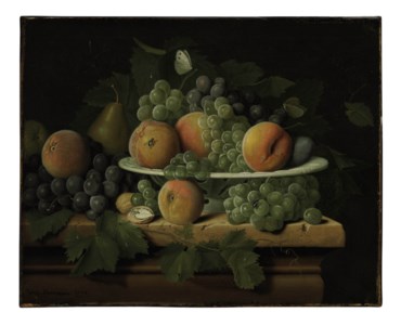Peaches, grapes and a pear in a ceramic dish on a stone ledge with a pear, walnuts, butterflies and a fly