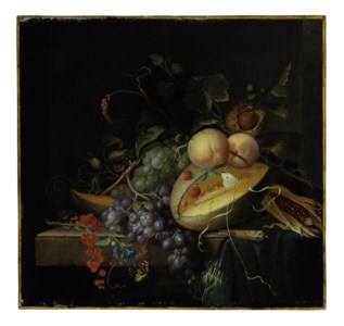 A melon, nuts and corn on a stone ledge with butterflies