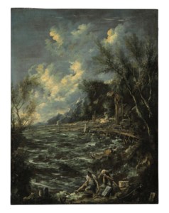 A storm on a Mediterranean coast with fishermen in the foreground