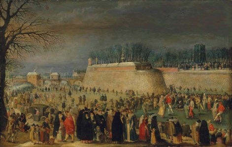 A winter carnival with figures on the ice before the Kipdorppoort Bastion in Antwerp