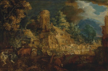 Roelandt Savery, A cattle market near a ruined farmstead in a village by a river