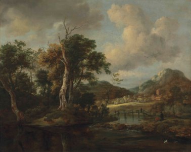 A wooded river landscape with figures crossing a bridge