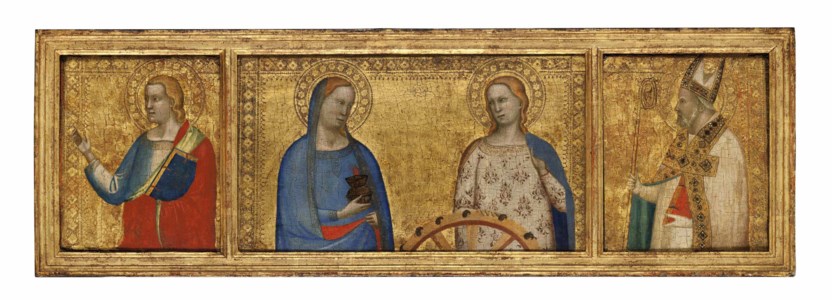Saints Lucy and Catherine of Alexandria; Saint John the Evangelist; and Saint Nicholas of Bari (?): Predella panels from the S. Giorgio a Ruballa altarpiece