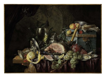 A ham on a pewter plate, grapes, berries, plums, lemons, and oysters with a roemer, tazza, pitcher, wan-li porcelain dish, recorder, book, and blue box on a partly draped table in a niche