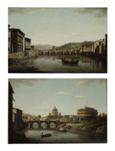 View of Florence from the Ponte Vecchio looking up the Arno toward the Ponte alle Grazie with the entrance to the Uffizi on the left; and View of Rome with Saint Peter's and the Castel Sant'Angelo seen from the Tiber