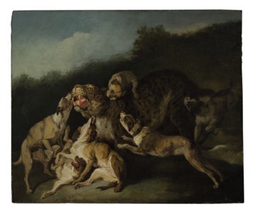 Hunting scene with a leopard and six dogs