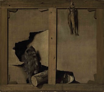 Louis-Léopold Boilly, A trompe-l'oeil with a cat and a wooden log through a canvas, fish hanging from the stretcher