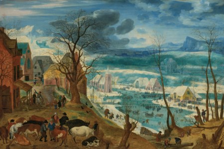 A winter landscape with peasants and cattle by a farmstead, with skaters on a frozen river beyond