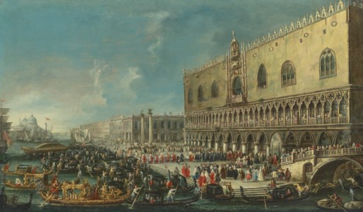 The Molo, Venice, looking west with the reception of the Papal Nuncio Carlo Gaetano Stampa (1667–1742), later Cardinal-Archbishop of Milan, at the Doge's Palace on 15 July 1721