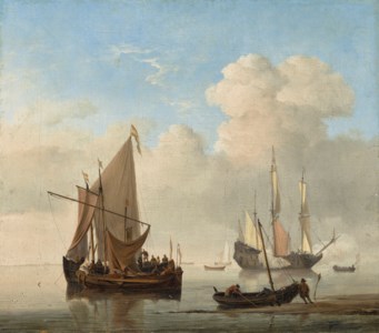 A Calm – A kaag alongside a smalschip at anchor, with a weyschuit being pushed off the shore and a man-of-war firing a salute beyond