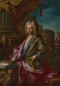 Portrait of George Parker, 2nd Earl of Macclesfield, PRS, three-quarter-length, standing in front of the Colosseum, right hand resting on a map of Italy, a statue of the Apollo Belvedere on a giltwood and marble table