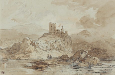 A castle ruin on a rocky coastline