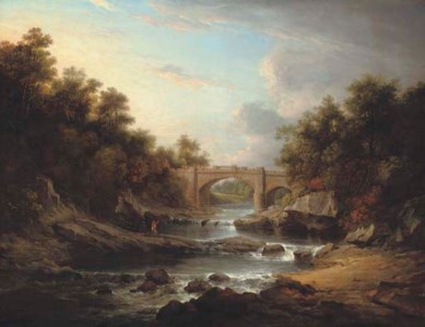 View on the River Almond, near Edinburgh, with Almondell Bridge and a fisherman