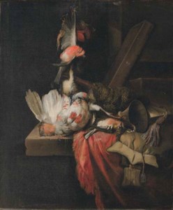 Still life of a dead partridge and other birds, and implements of the chase on a draped stone ledge