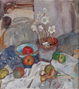 A still life with anemones, apples and onions