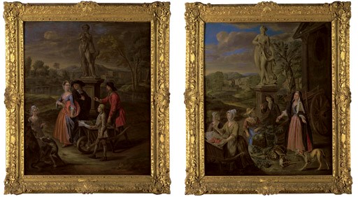 A vegetable seller and his son offering wares to a lady and a cleric by a statue of Bacchus; and A vegetable and fruit market by a statue of Venus, with a town by a river beyond