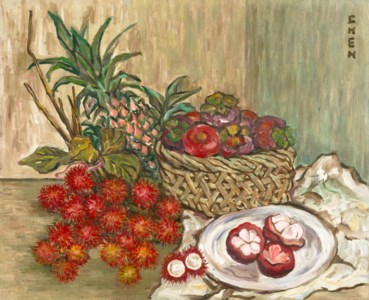 Georgette Chen, Still Life with Rambutans, Mangosteens and Pineapple