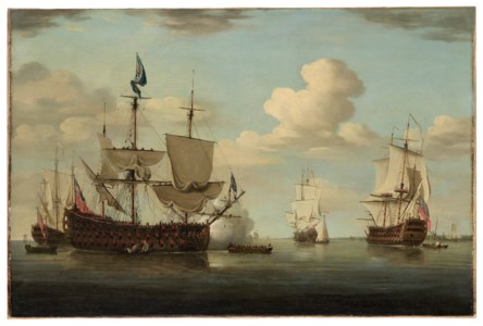 Ships of the red squadron at anchor, with the flagship firing a salute as she prepares to depart