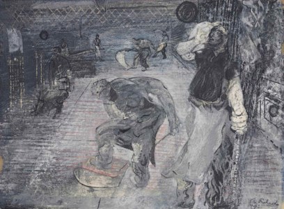 Tinplate workers, with furnaceman mopping his brow