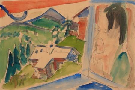 Blick auf die Stafelalp mit Selbstbildnis im Fenster