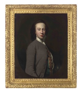 Portrait of a gentleman, half-length, in a purple coat and a gold embroidered blue waistcoat, feigned oval