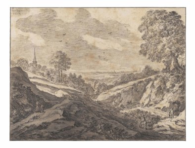 A village in a wooded landscape, travellers on a path in the foreground