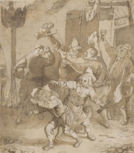 Peasants carousing outside a tavern ( recto ); Study of a prowling cat ( verso )