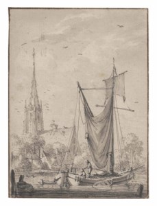A fishing vessel in a harbour, a church beyond
