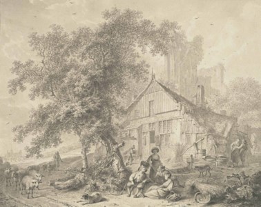 Harvesters resting beneath a tree in a farmyard