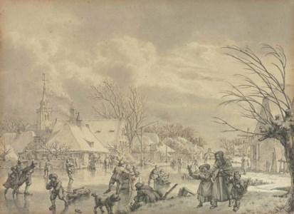 The month of December: skaters on a frozen river with a village beyond, possibly the village of Nieuwland near Leerdam