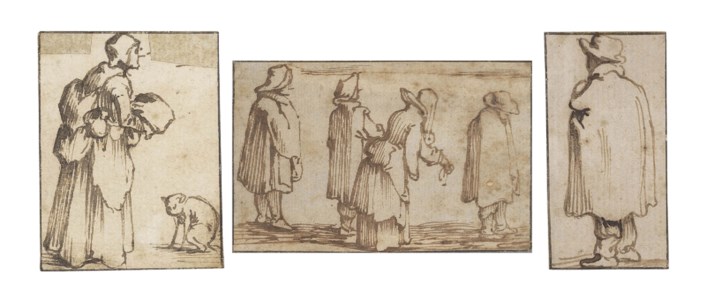 Five sheets of figure studies, two with individual figures, one with a couple, one with a woman and a cat, and one with a group of four figures, all seen in profile or from behind