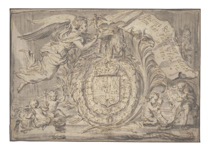 Design for a frontispiece glorifying the coat of arms of King Philip II of Spain ( recto ); An allegorical scene with an angel and two bathers ( verso )
