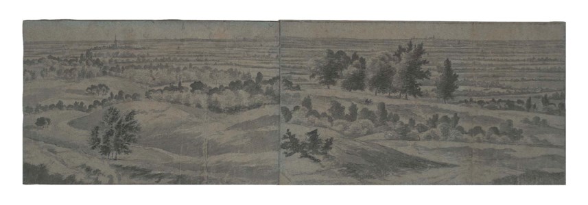 A panoramic view in the region of the Betuwe, the town of Elst in the middle-ground and the town of Nijmegen on the horizon to the right