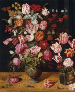 Tulips, roses, Turk's cap lilies, columbines, carnations and other flowers in a ceramic vase, with tulips in a glass vase, on a wooden ledge, with a peacock butterfly, a grasshopper and a lizard