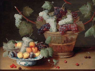 Grapes, peaches and plums on a Delft platter and grapes in a woven basket, with strawberries, cherries and a fly on a stone ledge