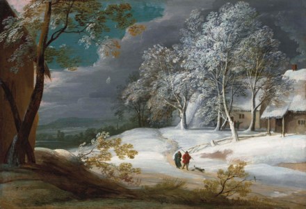 A winter landscape with figures and a dog on a track, cottages beyond