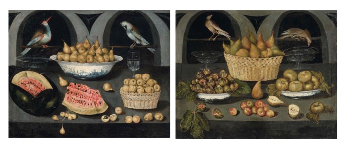 An open watermelon, pears in a Chinese porcelain bowl, apples in a wicker basket, apricots and glassware, on a stone ledge, arches beyond with two exotic birds; and Pears in a wicker basket, figs and apples in Chinese porcelain bowls, with further pears, figs, apples and glassware, on a stone ledge, arches beyond with two birds