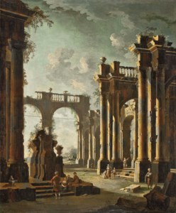 An architectural capriccio of classical ruins with figures conversing