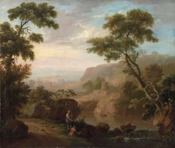 An Italianate river landscape with ruins, anglers on a bank