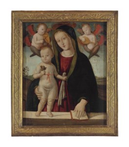The Madonna and Child with angels playing instruments
