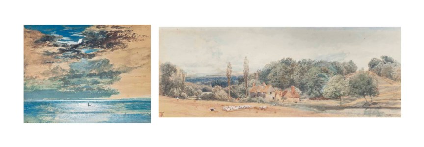 Coastal scene with figures and a dog, cathedral beyond; Moonlit seascape with a boat; A view of a cottage with a heard of sheep and a dog