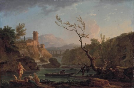 A capriccio view of Montferrat at dawn with the Gorges de Verdon and the River Nartuby, with fishermen unloading their catch.