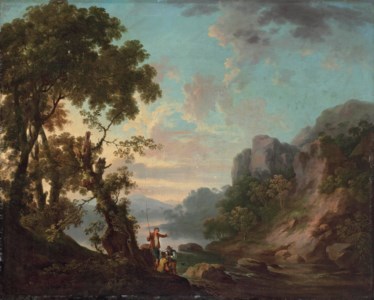 Wooded landscape with a lake, anglers in the foreground