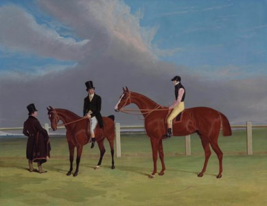 The Colonel with William Scott up and John Scott on a dark bay hack, with groom, Doncaster racecourse beyond