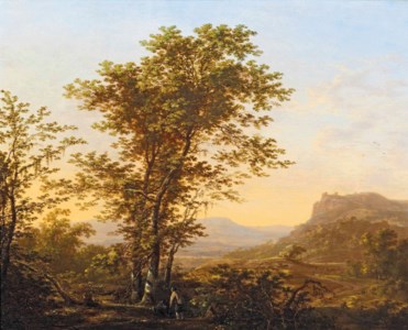 An Italianate landscape with two travellers resting by a birch grove, figures on a path beyond