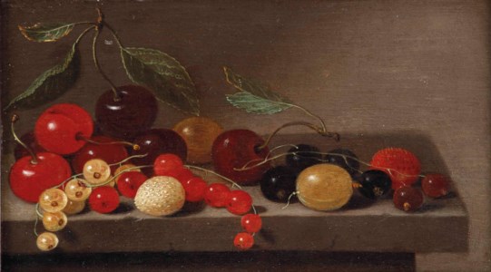 Cherries, gooseberries, redcurrants, blackcurrants and strawberries on a stone ledge