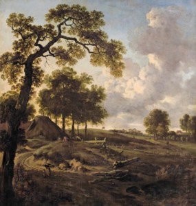 A dune landscape with figures on a winding path, cottages beyond