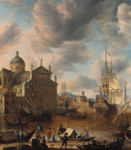 A Mediterranean 'capriccio' harbour with figures conversing on a quay and a Dutch three-master mooring beyond