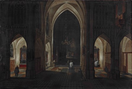 The interior of a gothic church by night